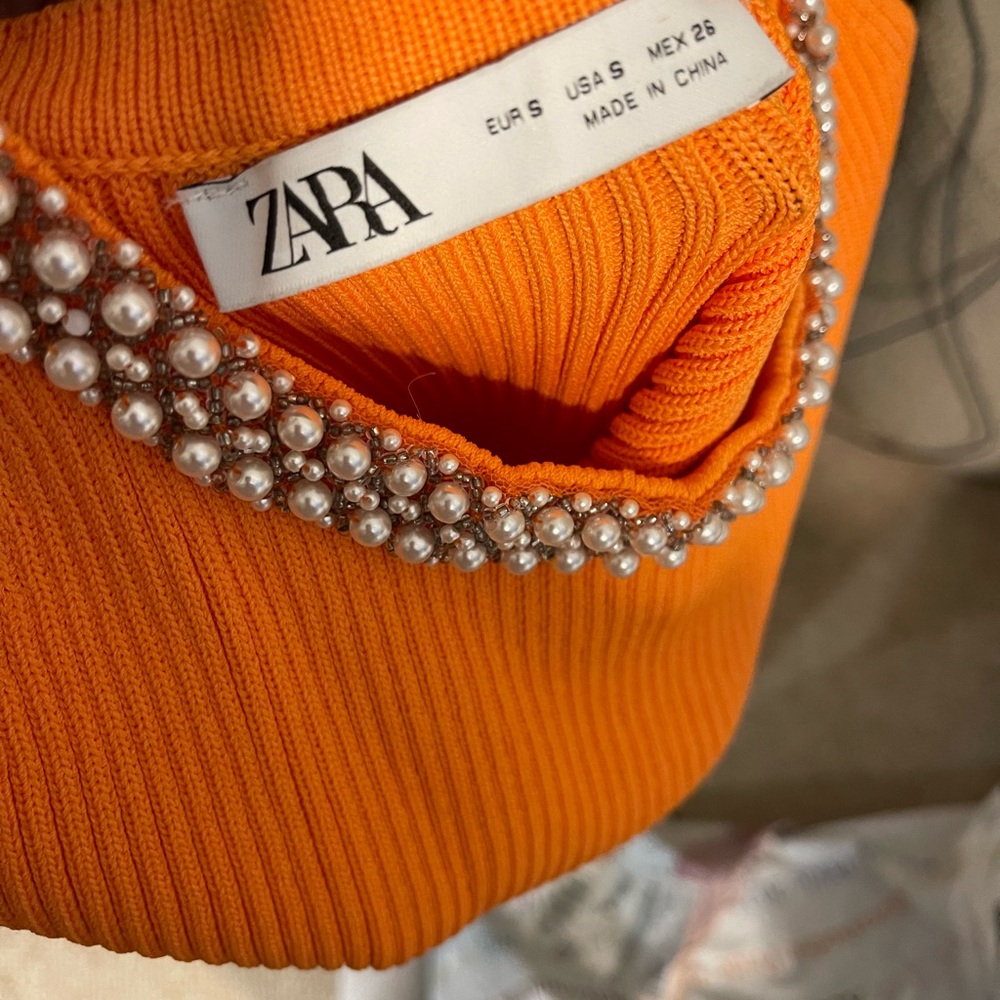 Zara mini knit orange dress with pearl neck line